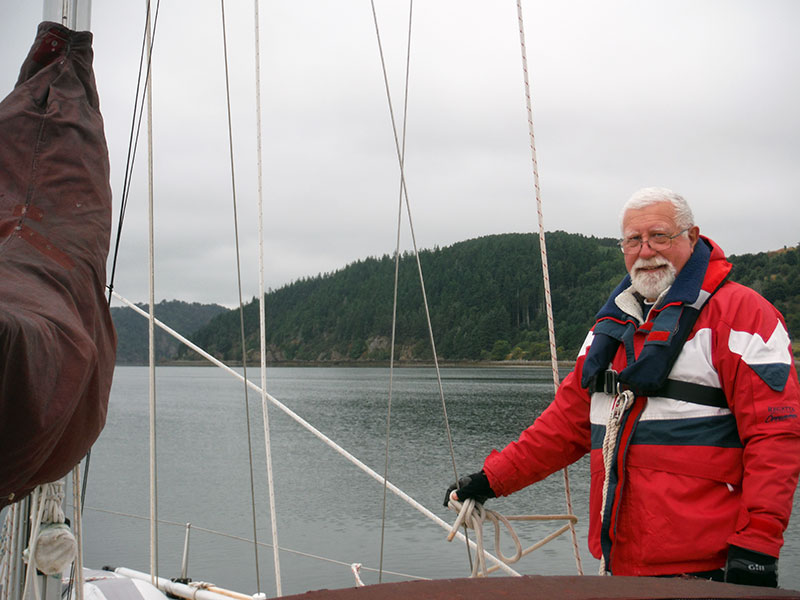 Toucan motoring along the Moray Firth near Inverness with Willie on deck