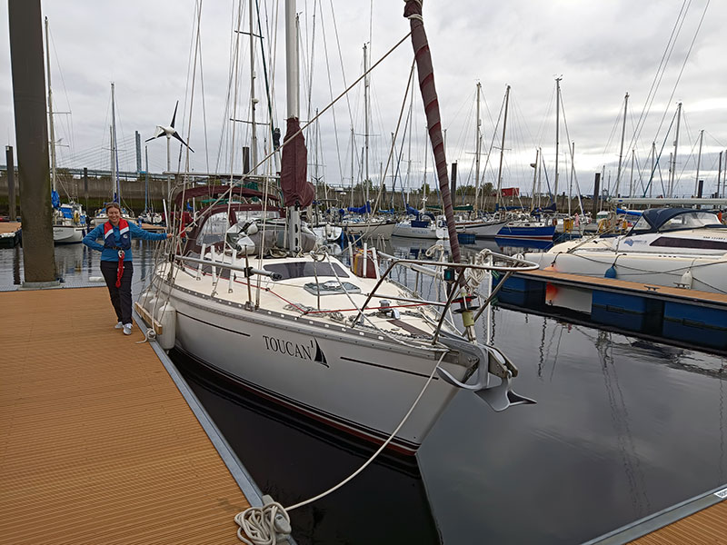Toucan safely docked in Inverness Marina and Heather joining us